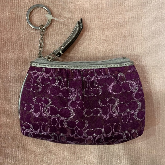 Coach Handbags - 💜New Coach Signature Jacquard Op Art Lurex Purple & Silver coin purse keychain
